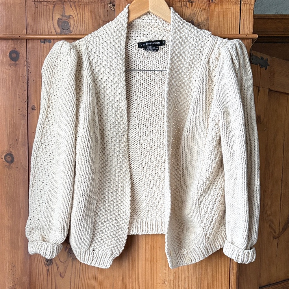 Vintage Cream Knit Puff-Sleeve Cardigan